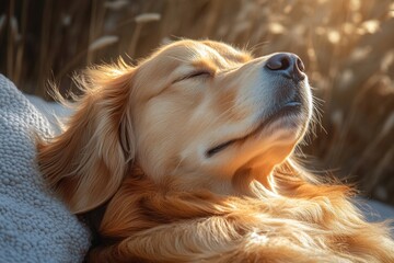 Canvas Print - A golden retriever dog lying down on a soft blanket, perfect for pet photography or family use