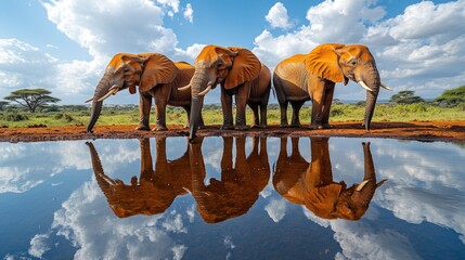 Poster - A group of elephants gathered at the edge of a body of water, possibly drinking or bathing