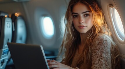 Poster - Woman working on laptop during flight, potential use as stock photo for travel or office concepts
