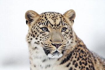 Poster - A detailed view of a leopard's face in a snowy environment, suggesting winter or mountain scenery
