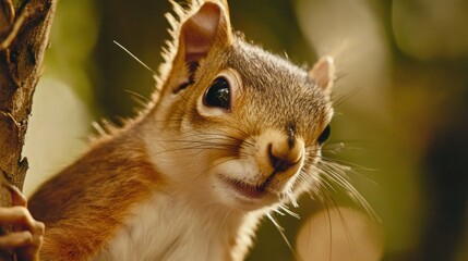Poster - A close-up view of a squirrel sitting on a tree branch, looking alert