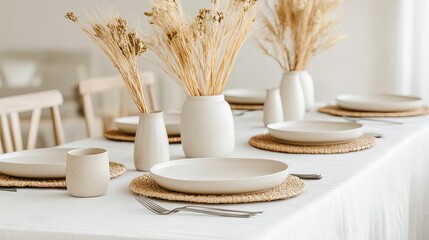 Neutral Thanksgiving table featuring pale linen runners and subtle dried decor, style minimalist warmth