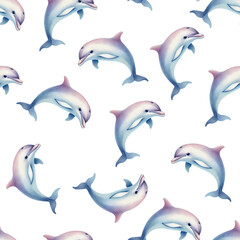  Seamless pattern of watercolor illustration of dolphins on transparent background. Nautical art of jumping dolphin