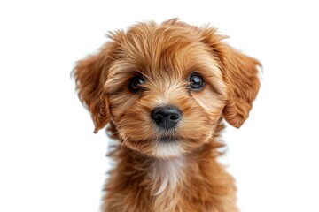 A small brown dog sits comfortably on a clean white floor