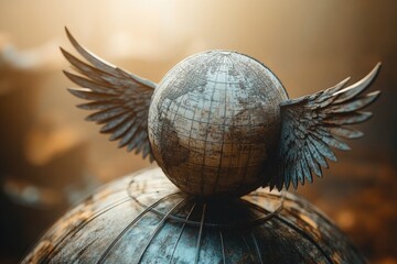 Poster - A globe with wings attached to its top, possibly representing exploration or travel