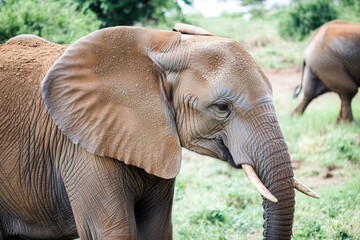 Wall Mural - A close-up shot of an elephant roaming freely in a green grassy field