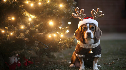 Wall Mural - A beagle in a reindeer costume sitting beside a Christmas tree with glowing lights