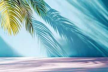 Wall Mural - stock photo features a minimalist, generative concept with palm leaves casting shadows on a blue wall and pastel floor, creating a summer tropical beach background in an empty room ideal for product p