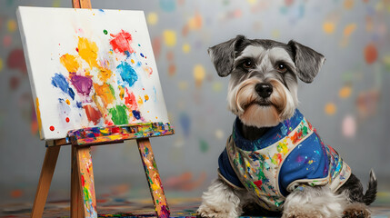 A Schnauzer in a painter's outfit sitting beside an easel with colorful splashes of paint