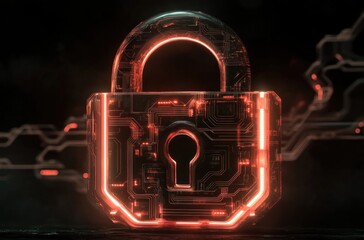futuristic glowing red padlock on dark tech background.