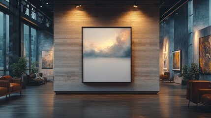 Wall Mural - Large abstract landscape painting displayed in modern art gallery.