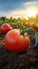 Wall Mural - Ripe red tomato on vine in field at sunset.