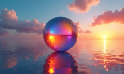 sunset over the ocean with a glowing sphere in the sky, high quality wallpaper for windows and mac, 