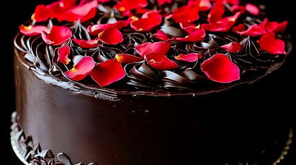 Poster - Delicious chocolate cake adorned with vibrant rose petals, perfect for celebrations or special occasions.