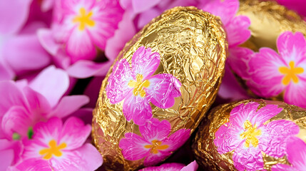 Poster - Easter-themed chocolate eggs adorned with flowers, surrounded by vibrant pink blossoms, creating a festive and colorful spring atmosphere.