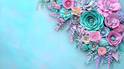 Sticker - Colorful paper flowers arranged on a soft blue background, creating a vibrant and artistic floral display.