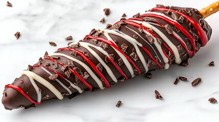 Wall Mural - Decadent chocolate-covered banana on a stick, drizzled with white and red chocolate, sprinkled with chocolate flakes.