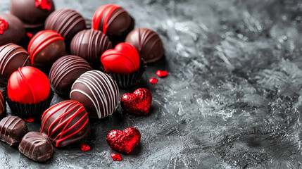 Poster - Assorted chocolate truffles and heart-shaped candies arranged on a dark textured surface, perfect for celebrations and gifts.