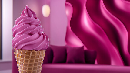 Wall Mural - A creamy purple soft serve ice cream cone set against a vibrant pink wall, creating a fun and playful atmosphere.