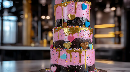 Poster - A colorful, three-tiered cake adorned with pink frosting, chocolate layers, and heart-shaped decorations, set against a stylish background.