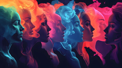 Poster - Colorful silhouettes of women with flowing hair against a dark background showcasing beauty and diversity. Generative AI
