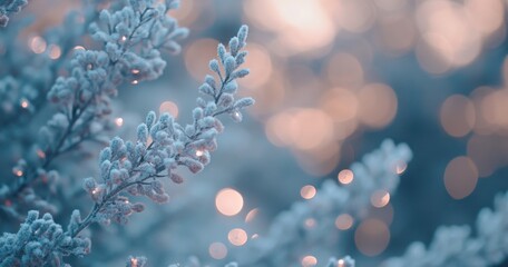 Poster - Frosted branches adorned with delicate ice crystals glimmer in soft winter light surrounded by a magical bokeh of warm and cool tones, creating a serene seasonal atmosphere.