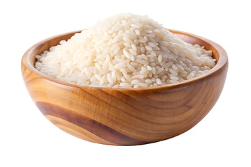 raw white rice grains in wooden bowl isolated on transparent