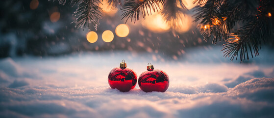 Wall Mural - Red Baubles in Snowy Landscape with Warm Bokeh and Evergreen Branches