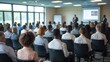 © Rizky Rahmat Hidayat - Business and entrepreneurship symposium. Speaker giving a talk at business meeting. Audience in conference hall. Rear view of unrecognized participant in audience. Ai Generative.