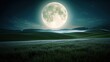 © Manchuporn - Serene Countryside Landscapes Illuminated by the Full Moon, a realistic photo of rolling hills blanketed with mist under a glowing full moon, with soft light reflecting on dew-covered grass