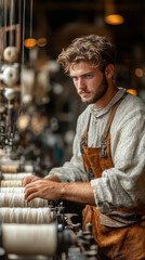Poster - Focused Textile Mill Worker Operating Spinning Machines in Industrial Setting, Emphasizing Precision in Fabric Production