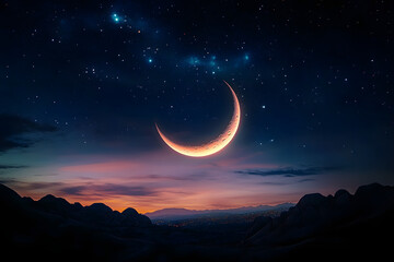 Wall Mural - night sky with a crescent moon signaling the start of ramadan
