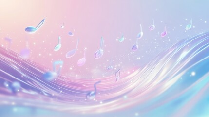 Aufkleber - Vibrant 3D music notes floating above a colorful wave in a serene and peaceful setting. Generative AI