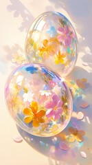 Wall Mural - Transparent glass Easter eggs filled with shimmering glitter and spring flower petals on a pastel rainbow background, sparkling and unique design 