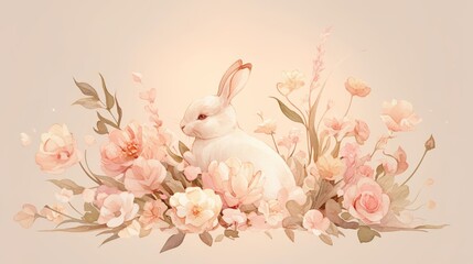 Wall Mural - Watercolor bunny silhouette filled with floral patterns, set against a soft blush pink gradient background with plenty of empty space, whimsical and elegant 