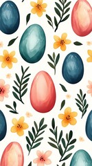 Wall Mural - Watercolor Easter egg pattern featuring soft pastel pink, teal, and yellow tones with floral details on a creamy beige background, artistic and gentle 