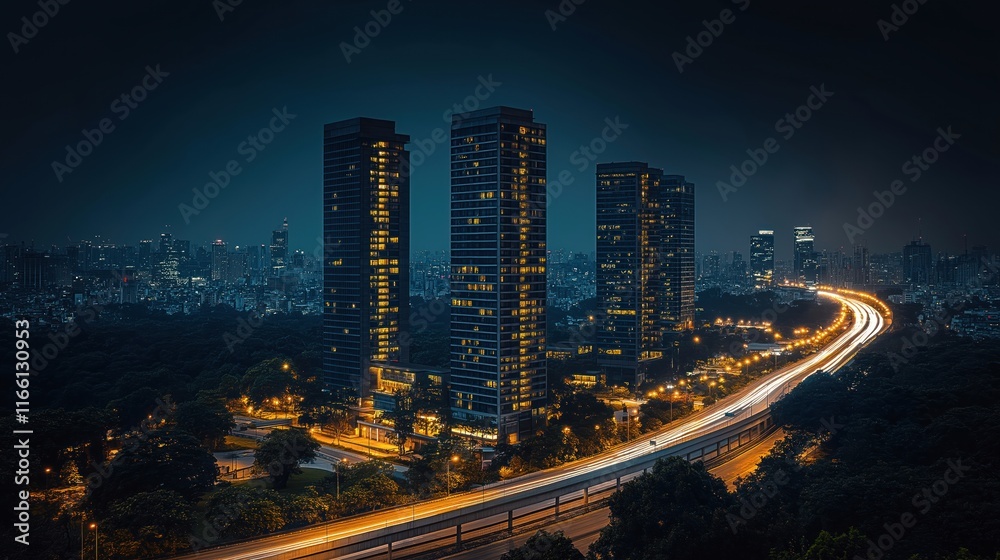 Bangalore citys vibrant nightlife Skyscrapers illuminated by lights Bangalore citys vibrant nightlife Skyscrapers illuminated by lights