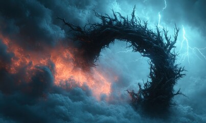 Poster - Stormy sky, dead tree arch, fiery clouds.