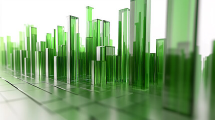 Poster - A vibrant, abstract image featuring tall, green glass structures resembling a city skyline, set against a bright background.
