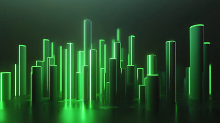 Poster - A futuristic cityscape illuminated in vibrant green light, featuring tall, cylindrical structures against a dark background.