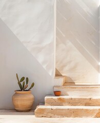 Wall Mural - Sunlit staircase with terracotta pot and cactus.