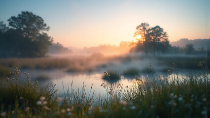  Sunrise over Misty Wetland with Grasses and Trees
