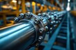 © Vadym - Close-up metal pipe with many nuts, bolts. Industrial equipment detail. Modern manufacturing process. Steel pipe assembly. Factory environment. Heavy machinery. Industrial plant. Metalworking.