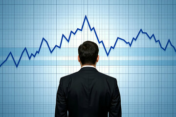 Wall Mural - back view of standing businessman looking stock market graph on white background