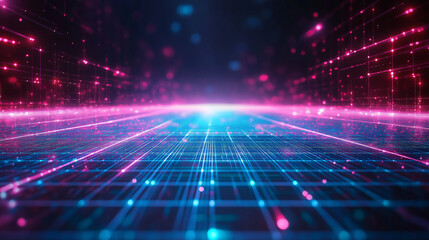 Fototapete - A futuristic grid with glowing lines and geometric patterns in neon blue, purple, and pink tones. The background is abstract with a technological vibe