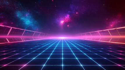Leinwandbilder - A futuristic grid with glowing lines and geometric patterns in neon blue, purple, and pink tones. The background is abstract with a technological vibe