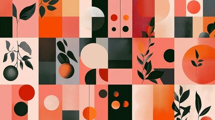 Poster - Colorful Geometric Abstract Artwork Featuring Botanical Patterns and Shapes in Shades of Red, Orange, Black, and Cream, Creating a Vibrant and Modern Aesthetic