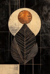 Aufkleber - Abstract Design Featuring Geometric Shapes and a Prominent Leaf Against a Dark Background With Warm Colors Accentuating the Sun