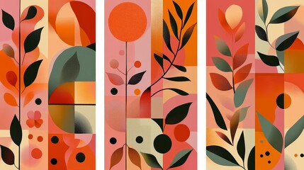 Poster - Colorful Abstract Artwork Featuring Organic Shapes, Plants, and Warm Tones in a Triptych Format Displayed in a Modern Space