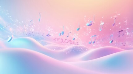 Poster - Colorful 3D music notes floating above a soft pastel landscape at dawn. Generative AI